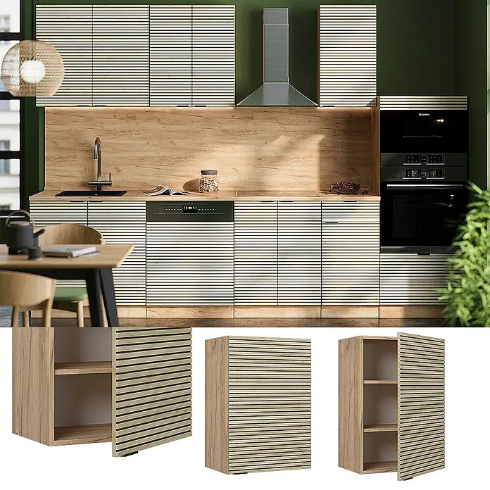 Vicco Schrankküche Fame-Line Eiche Paneel - Eiche Paneel, Hängeschrank 50 cm - Helle Holzschränke mit horizontalen Lamellentüren in einer modernen Küche.