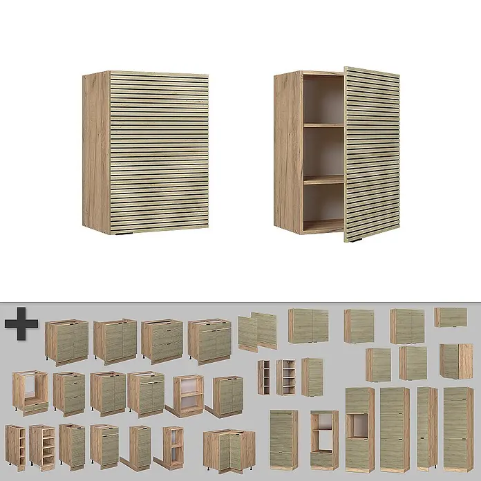 Vicco Schrankküche Fame-Line Eiche Paneel - Eiche Paneel, Hängeschrank 50 cm - Modulare hellbraune Schränke mit Lamellenfronten für Küche oder Hauswirtschaftsraum.