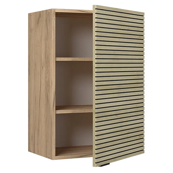 Vicco Schrankküche Fame-Line Eiche Paneel - Eiche Paneel, Hängeschrank 50 cm - Helles Holzschrank mit offener Lamellentür, die zwei Innenböden zeigt.