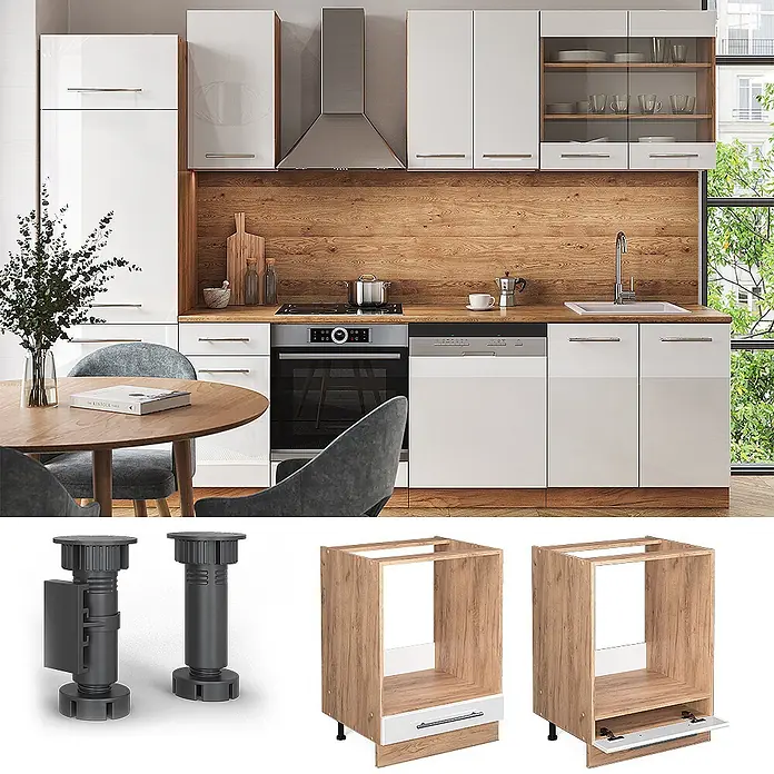 Vicco Schrankküche Fame-Line Weiß Hochglanz, AP Anthrazit - Weiß Hochglanz, Herdumbauschrank 60 cm, AP Anthrazit - Verstellbare Kunststoff-Schrankfüße und zwei holzfarbene Unterschränke mit weißen Fronten, einer mit Schublade, der andere für Einbaugeräte.