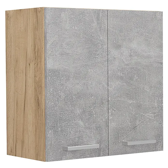 Vicco Schrankküche R-Line Beton - Beton, Hängeschrank 60 cm - Wandschrank mit Holzmaserung-Seite und zwei grauen Betonoptik-Türen mit silbernen Griffen.
