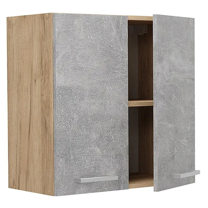 Vicco Schrankküche R-Line Beton - Beton, Hängeschrank 60 cm - Wandschrank mit grauen Betonoptik-Türen und hellen Holzoptik-Seiten. Eine Tür ist offen, ein Regal und Griffe sind sichtbar.