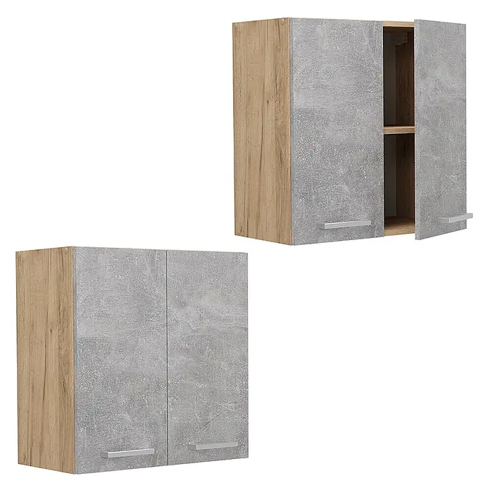 Vicco Schrankküche R-Line Beton - Beton, Hängeschrank 60 cm - Zwei Küchenhängeschränke mit heller Holz- und grauer Betonoptik. Einer ist offen, einer geschlossen.