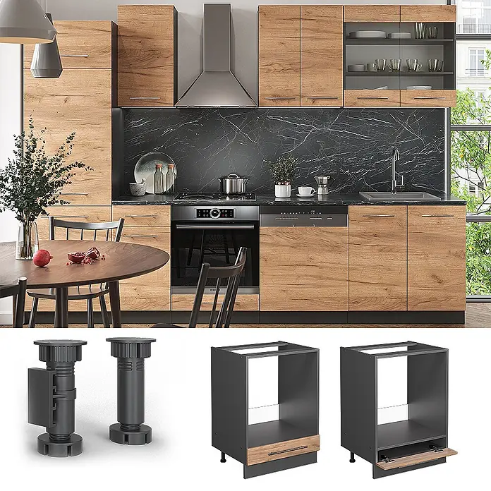 Vicco Schrankküche Fame-Line Goldkraft Eiche ohne Arbeitsplatte - Goldkraft Eiche, Herdumbauschrank 60 cm - Moderne Küchenzeile mit Holzdekor-Schränken & dunklen Arbeitsplatten, inkl. modularer Möbelfüße und Korpus-Optionen.
