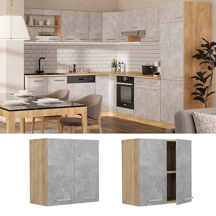 Vicco Schrankküche R-Line Beton - Beton, Hängeschrank 60 cm - Moderne Küchenschränke mit Beton-Grau-Fronten und Holz-Optik-Seiten, gezeigt in einer L-Küche und als einzelne Oberschränke.