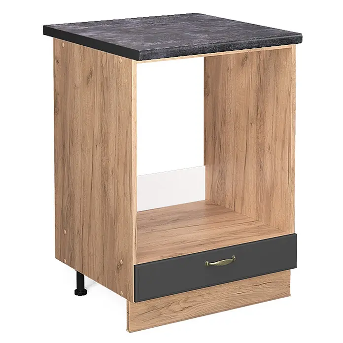 Vicco Schrankküche Fame-Line Anthrazit-Gold, AP Anthrazit - Anthrazit-Gold, Herdumbauschrank 60 cm, AP Anthrazit - Heller Holzunterschrank mit dunkler Arbeitsplatte, offenem Fach und dunkelgrauer Schublade mit Messinggriff. Verstellbare Füße.