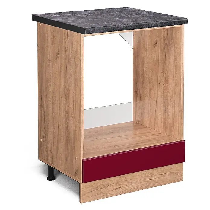 Vicco Schrankküche R-Line Rot Hochglanz, AP Anthrazit - Rot Hochglanz, Herdumbauschrank 60 cm, AP Anthrazit - Küchenunterschrank in Holzoptik mit dunkelgrauer Arbeitsplatte, offenem Gerätefach und bordeauxroter Blende.