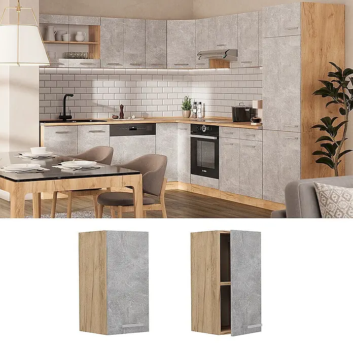 Vicco Schrankküche R-Line Beton - Beton, Hängeschrank 30 cm - Moderne Küche mit grauen Beton-Fronten und Holz-Akzenten.