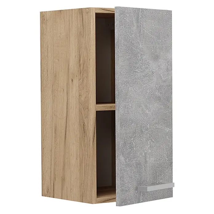 Vicco Schrankküche R-Line Beton - Beton, Hängeschrank 30 cm - Hängeschrank mit hellem Holzdekor-Korpus und grauer Betonoptik-Tür, leicht geöffnet mit einem Einlegeboden.