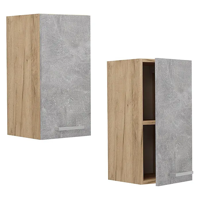 Vicco Schrankküche R-Line Beton - Beton, Hängeschrank 30 cm - Zwei Hängeschränke: einer geschlossen, einer offen mit Regalböden. Hellholz-Seiten, graue Betonoptik-Türen und silberne Griffe.