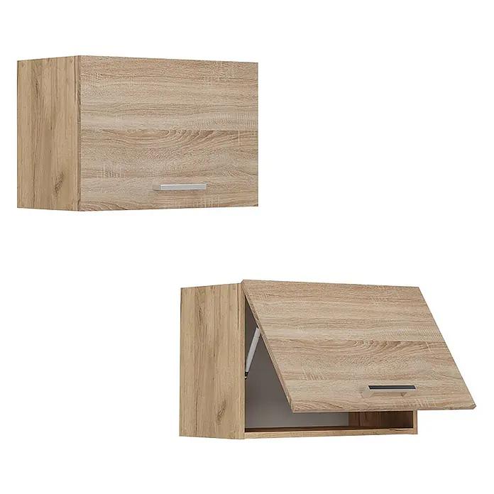Vicco Schrankküche R-Line Sonoma Flach - Sonoma, Hängeschrank 60 cm (flach) - Zwei helle Hängeschränke aus Holz, einer geschlossen, einer mit hochklappbarer Tür und Liftmechanismus.