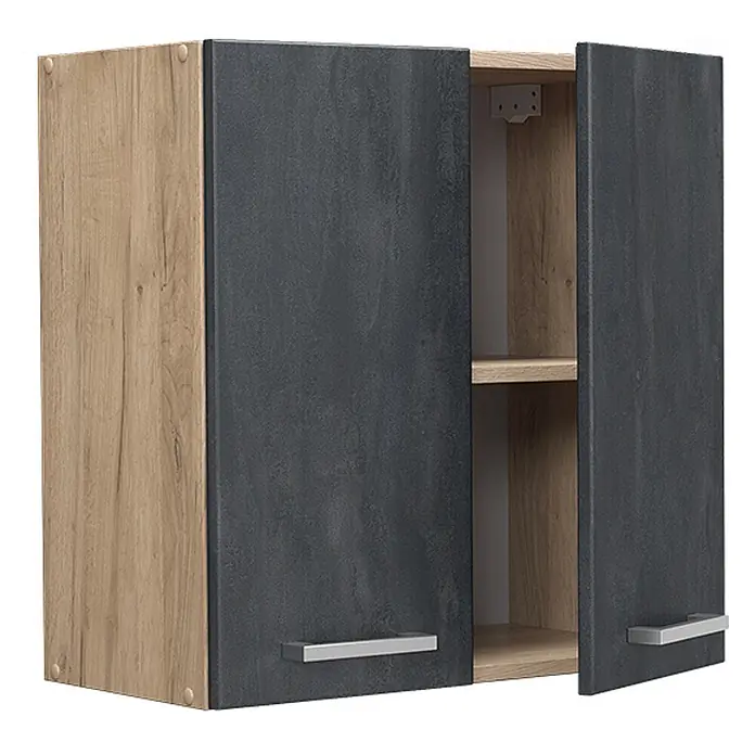 Vicco Schrankküche R-Line Schwarz Beton - Schwarz Beton, Hängeschrank 60 cm - Hängeschrank mit dunkelgrauen strukturierten Türen, hellem Holzdekor an Seiten und Innenraum, sowie silbernen Griffen.