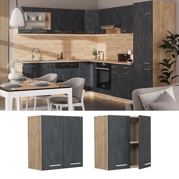 Vicco Schrankküche R-Line Schwarz Beton - Schwarz Beton, Hängeschrank 60 cm - Dunkelgrauer und heller Holzküchen-Wandschrank mit zwei Türen und Innenregal.