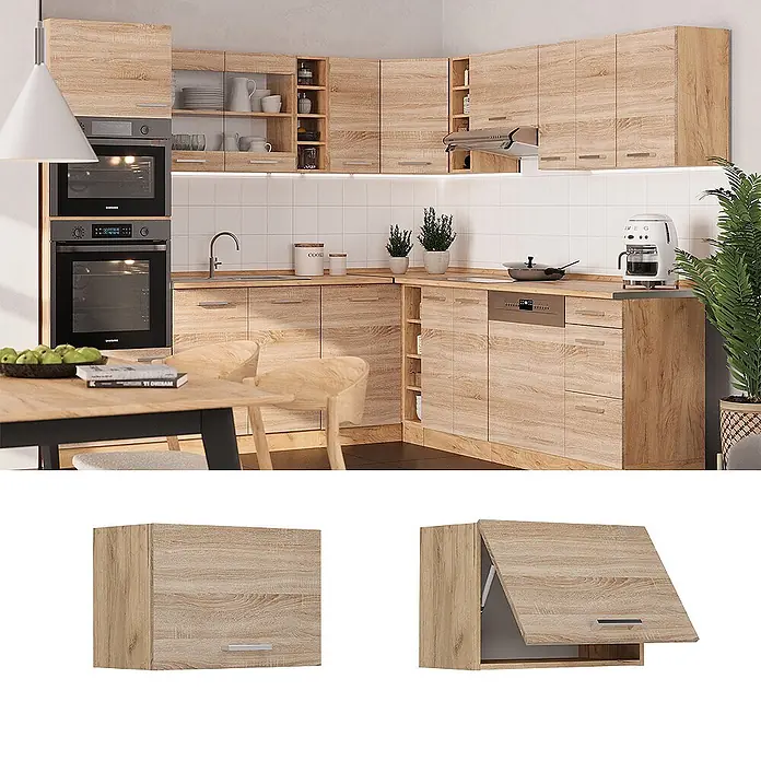 Vicco Schrankküche R-Line Sonoma Flach - Sonoma, Hängeschrank 60 cm (flach) - Moderne Küche mit hellen Holz-Effekt Schränken, integrierten Öfen und Geschirrspüler, zeigt eine komplette funktionale Einrichtung.