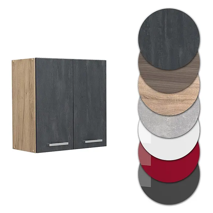 Vicco Schrankküche R-Line Schwarz Beton - Schwarz Beton, Hängeschrank 60 cm - Zweitüriger Hängeschrank mit hellem Holzkorpus und dunkelgrauen Türen, daneben diverse Material-/Farbmuster.