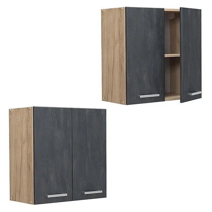 Vicco Schrankküche R-Line Schwarz Beton - Schwarz Beton, Hängeschrank 60 cm - Zwei Hängeschränke mit Holzoptik-Seiten und dunkelgrauen Fronten, einer offen mit Einlegeboden.