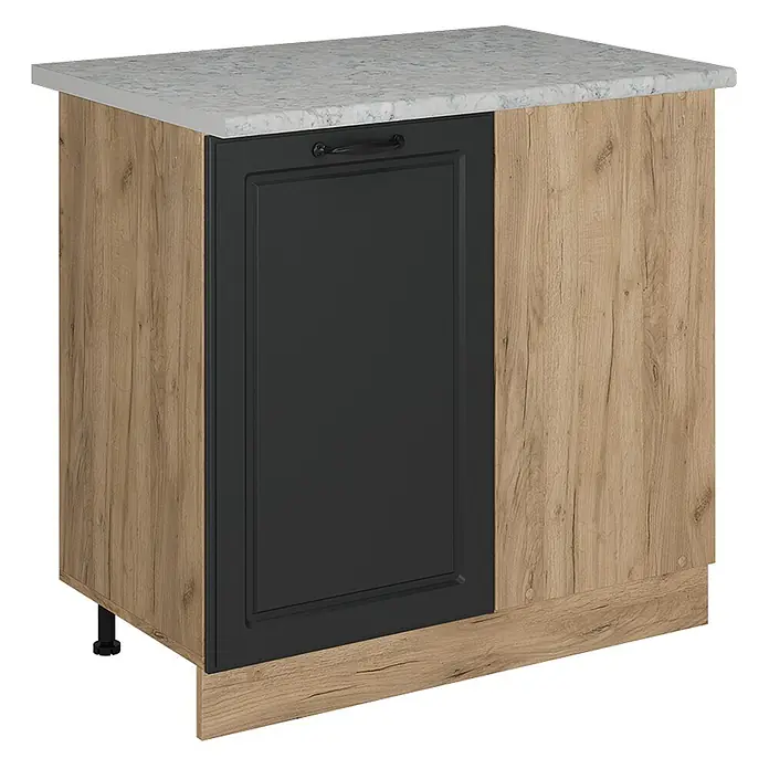 Vicco Schrankküche R-Line Anthrazit Landhaus AP Marmor - Anthrazit Landhaus, Eckunterschrank 86 cm, AP Marmor - Küchenunterschrank mit hellem Holzdekor, schwarzer Tür und grauer Arbeitsplatte.