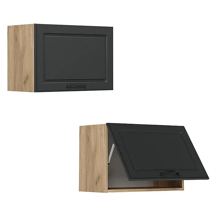 Vicco Schrankküche R-Line Anthrazit Landhaus Flach - Anthrazit Landhaus, Hängeschrank 60 cm (flach) - Dunkelgrauer Küchenoberschrank mit hellen Holzseiten, geschlossen und mit geöffneter Klapptür gezeigt.