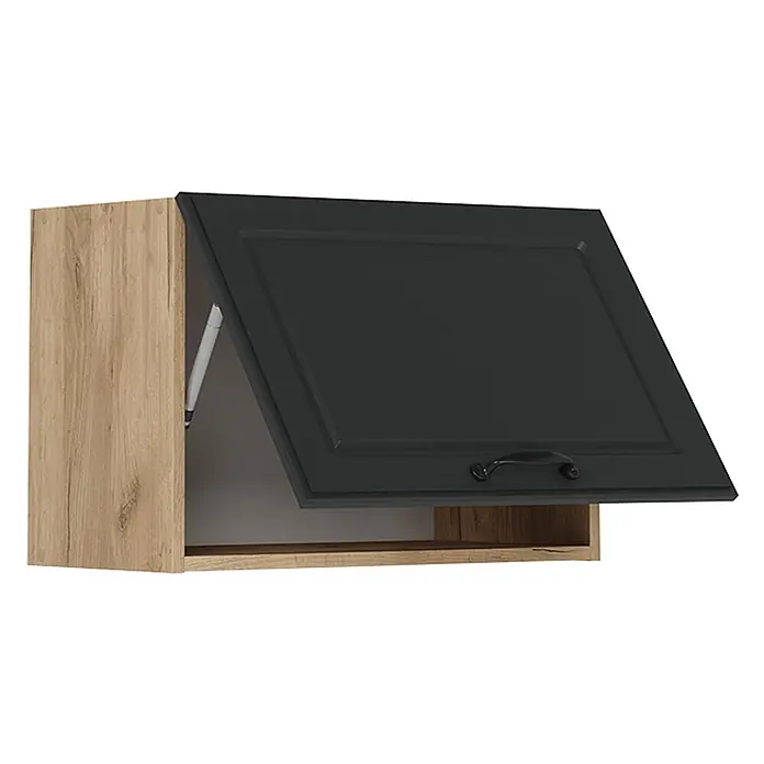 Vicco Schrankküche R-Line Anthrazit Landhaus Flach - Anthrazit Landhaus, Hängeschrank 60 cm (flach) - Dunkelgrauer Küchenhängeschrank mit Holzdekorrahmen und geöffneter Tür mit Gasfeder. Mit offenem Unterfach.