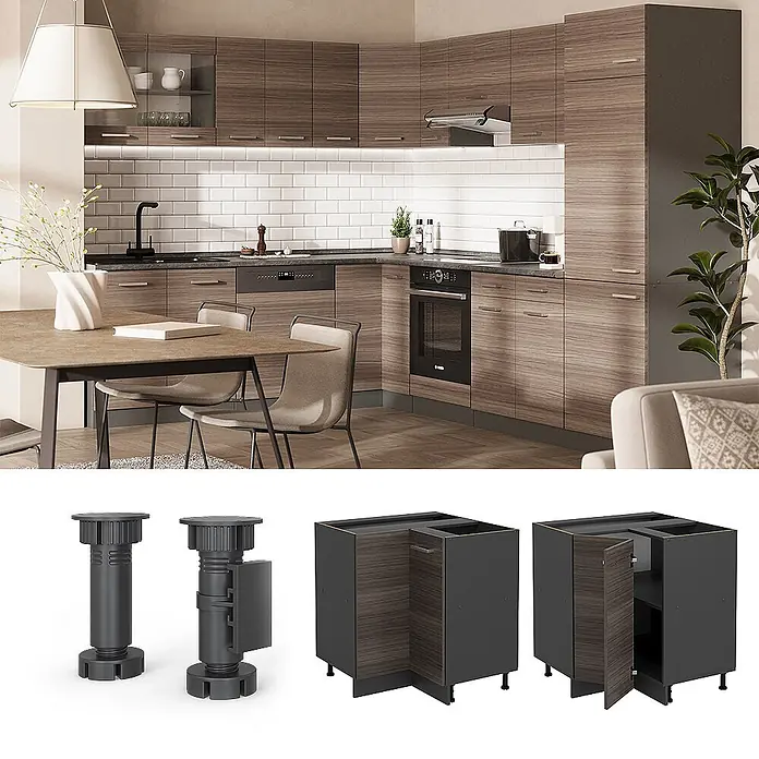 Vicco Schrankküche R-Line Edelgrau, AP Eiche - Edelgrau, Eckunterschrank, AP Eiche - Moderne Küche mit dunklen Holzmaserungsschränken und dunkelgrauen Elementen, mit verstellbaren Füßen und integrierten Geräten.
