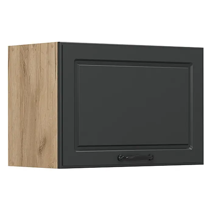 Vicco Schrankküche R-Line Anthrazit Landhaus Flach - Anthrazit Landhaus, Hängeschrank 60 cm (flach) - Hängeschrank mit dunkelgrauer Tür, Zierrahmen und schwarzem Griff, sowie einer hellen Holzdekor-Seitenplatte.