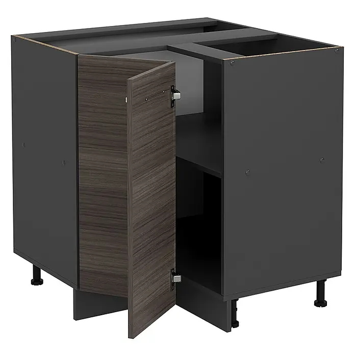 Vicco Schrankküche R-Line Edelgrau, AP Eiche - Edelgrau, Eckunterschrank, AP Eiche - Dunkelgrauer Küchenunterschrank für die Ecke mit Holztüren, eine offen, Regalboden sichtbar, auf verstellbaren Füßen.