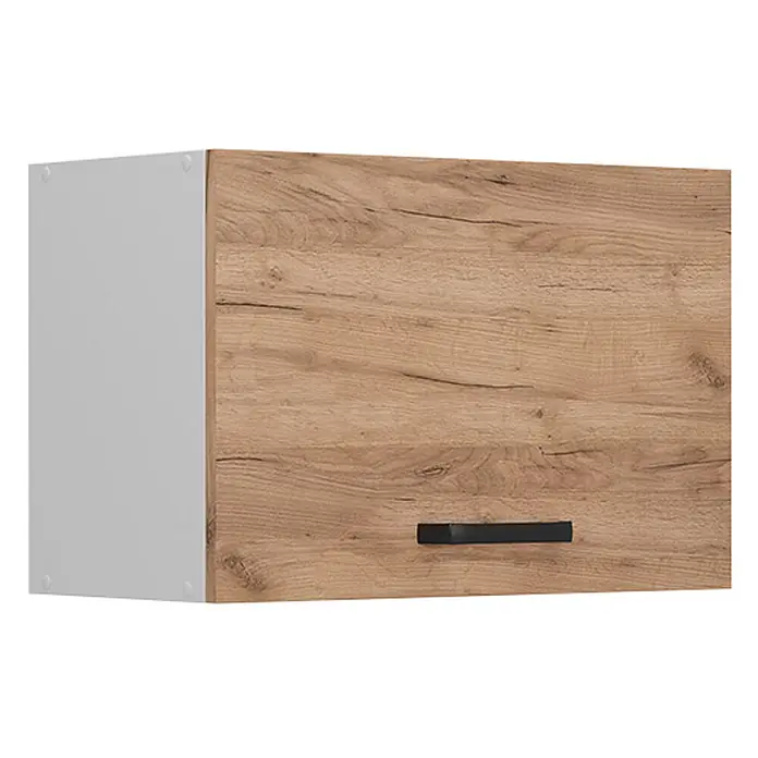 Vicco Schrankküche R-Line Goldkraft Eiche Flach - Goldkraft Eiche, Hängeschrank 60 cm (flach) - Hängeschrank mit heller Holzoptik-Tür, weißem Korpus und schwarzem Griff.