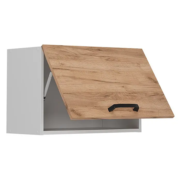 Vicco Schrankküche R-Line Goldkraft Eiche Flach - Goldkraft Eiche, Hängeschrank 60 cm (flach) - Weißer Wandschrank mit offener Tür in Holzoptik und schwarzem Griff.
