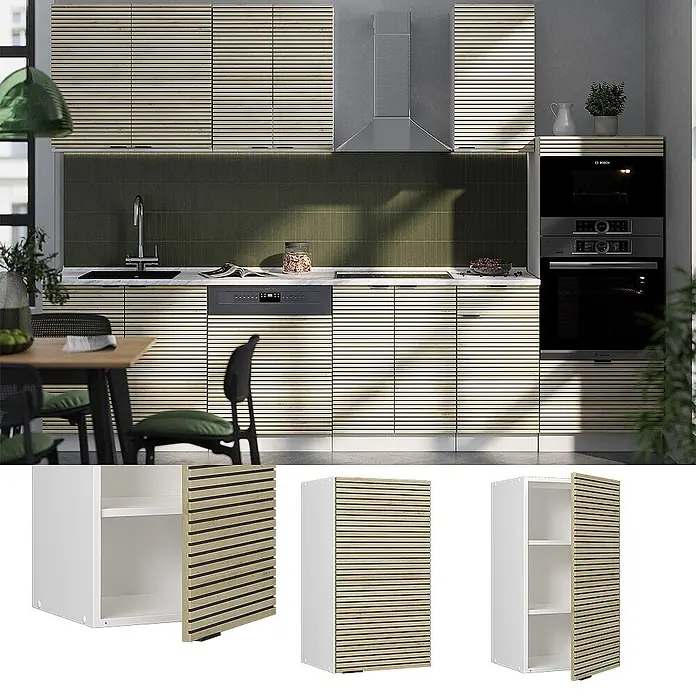 Vicco Schrankküche Fame-Line Eiche Paneel - Eiche Paneel, Hängeschrank 40 cm - Küchenschränke mit hellen Holzlamellentüren in modernem Ambiente, auch einzeln gezeigt.