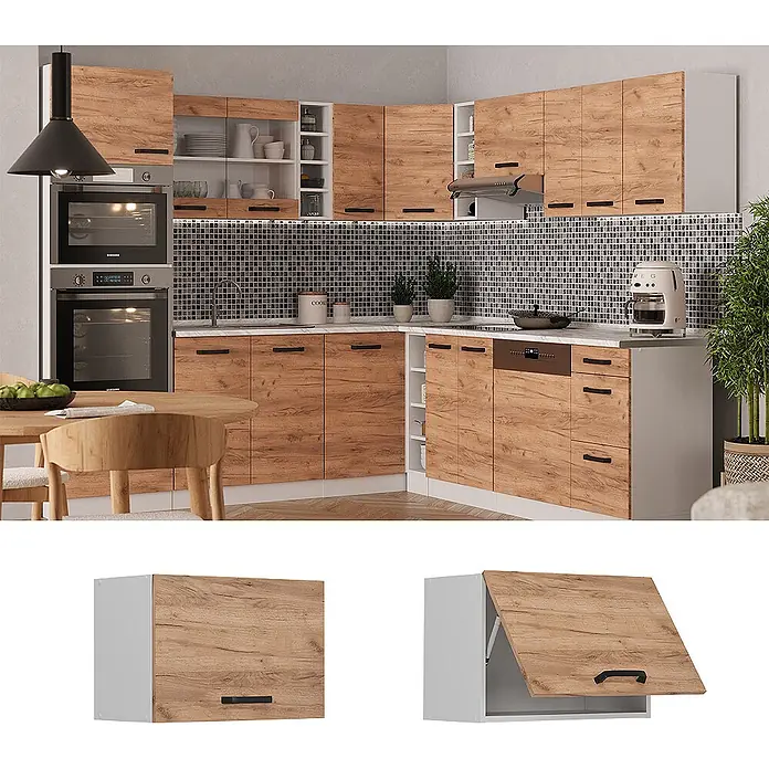 Vicco Schrankküche R-Line Goldkraft Eiche Flach - Goldkraft Eiche, Hängeschrank 60 cm (flach) - Moderne Küche mit Holzoptik-Schränken, weißen Seitenwänden, schwarzen Griffen und integrierten Geräten.