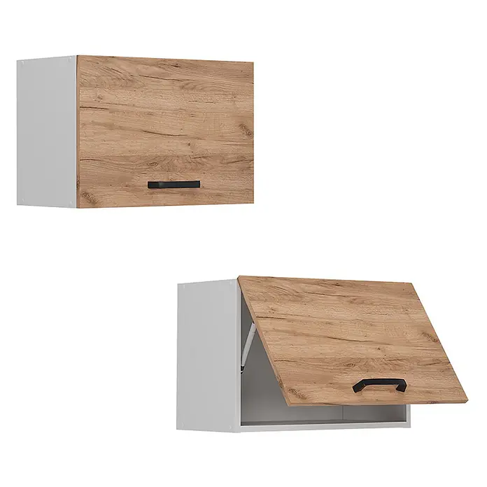 Vicco Schrankküche R-Line Goldkraft Eiche Flach - Goldkraft Eiche, Hängeschrank 60 cm (flach) - Hängeschrank in Holzoptik mit weißen Seiten und schwarzem Griff, geschlossen und mit geöffneter Klapptür.