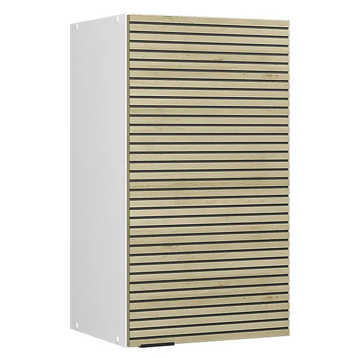 Vicco Schrankküche Fame-Line Eiche Paneel - Eiche Paneel, Hängeschrank 40 cm - Moderner Schrank mit weißer Seitenwand und einer Front aus hellen Holzlamellen auf dunklem Hintergrund.