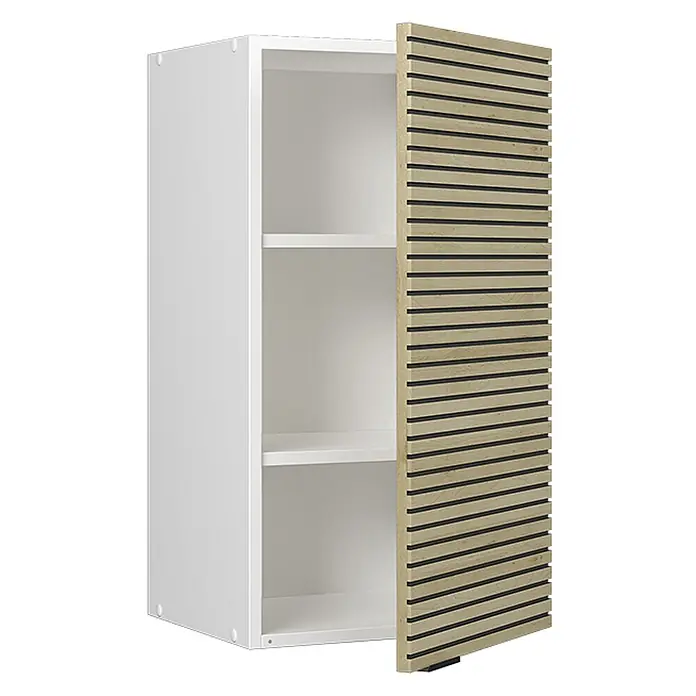 Vicco Schrankküche Fame-Line Eiche Paneel - Eiche Paneel, Hängeschrank 40 cm - Weißer Schrank mit zwei Regalböden und einer hellen Holzlamellentür, geöffnet.
