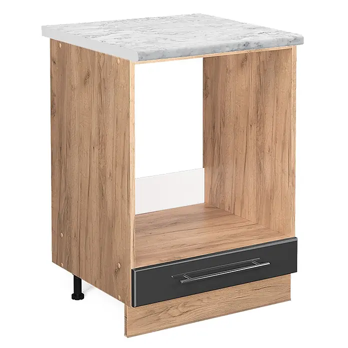 Vicco Schrankküche Fame-Line Anthrazit Hochglanz, AP Marmor - Anthrazit Hochglanz, Herdumbauschrank 60 cm, AP Marmor - Küchenunterschrank in Holzoptik mit weißer Marmorplatte, offener Gerätenische und dunkelgrauer Schublade.