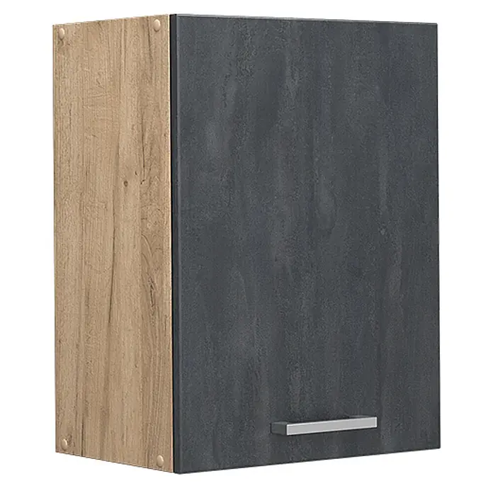 Vicco Hängeschrank R-Line, Schwarz Beton, 45 cm -  - Hängeschrank mit heller Holzseite und dunkelgrauer Betonoptik-Tür mit silbernem Griff.