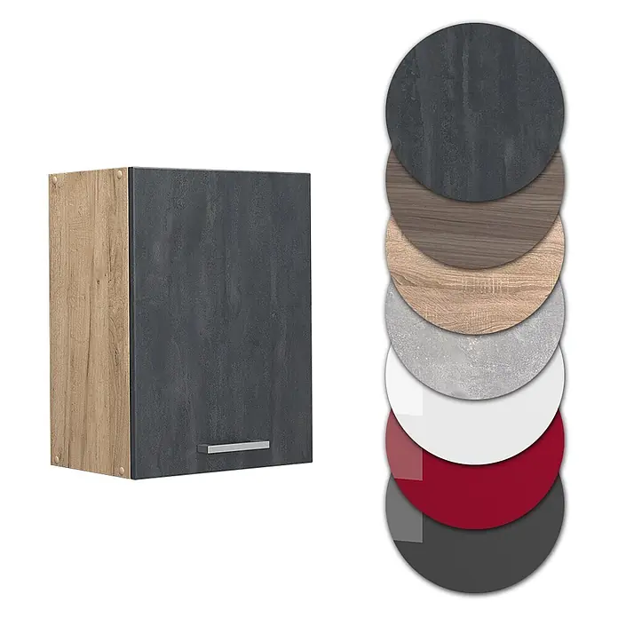 Vicco Hängeschrank R-Line, Schwarz Beton, 45 cm -  - Küchenhängeschrank mit dunkelgrauer Tür, hellen Holzdekor-Seiten und silbernem Griff. Mehrere Oberflächenoptionen dargestellt.