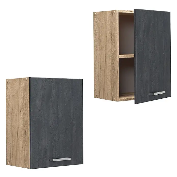 Vicco Hängeschrank R-Line, Schwarz Beton, 45 cm -  - Zwei Hängeschränke mit Holzoptikrahmen und dunkelgrauen Türen, einer offen mit zwei Regalböden.