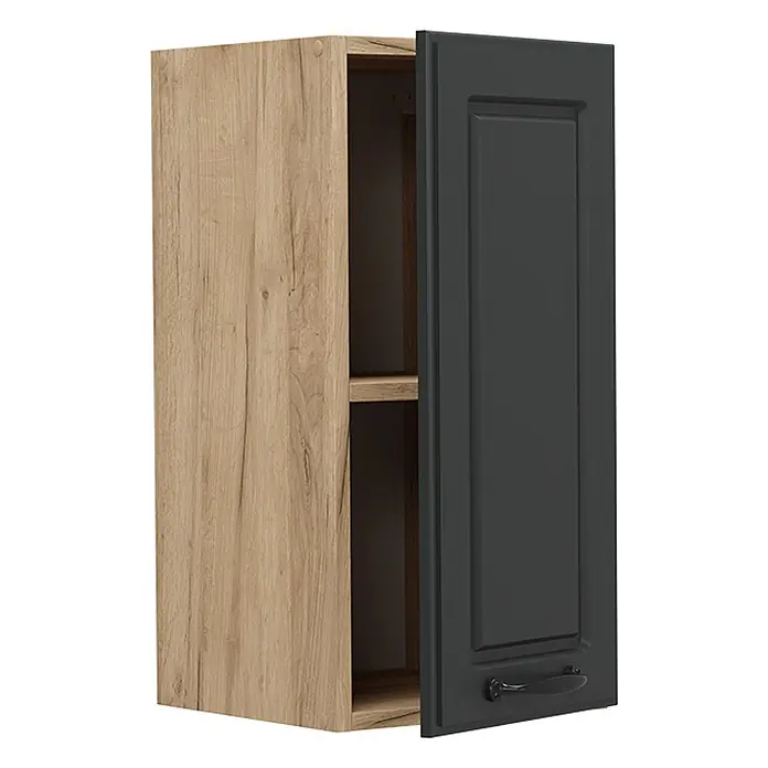 Vicco Schrankküche R-Line Anthrazit Landhaus - Anthrazit Landhaus, Hängeschrank 30 cm - Wandschrank mit heller Holzoptik und dunkelgrauer Rahmentür, mit Innenregal und dunklem Griff.