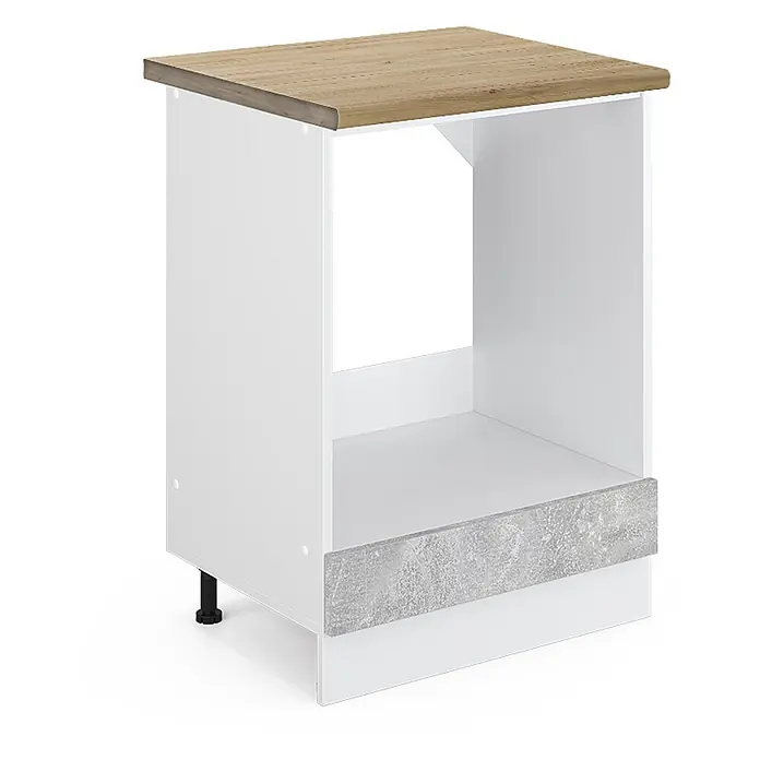 Vicco Schrankküche R-Line Beton, AP Eiche - Beton, Herdumbauschrank 60 cm, AP Eiche - Weißer Küchenunterschrank mit Holzdekorplatte, offenem Fach und Betondekorblende.