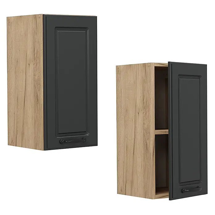 Vicco Schrankküche R-Line Anthrazit Landhaus - Anthrazit Landhaus, Hängeschrank 30 cm - Zwei Küchenoberschränke, heller Holzkorpus mit dunkelgrauen Paneeltüren, einer offen mit Regalböden.