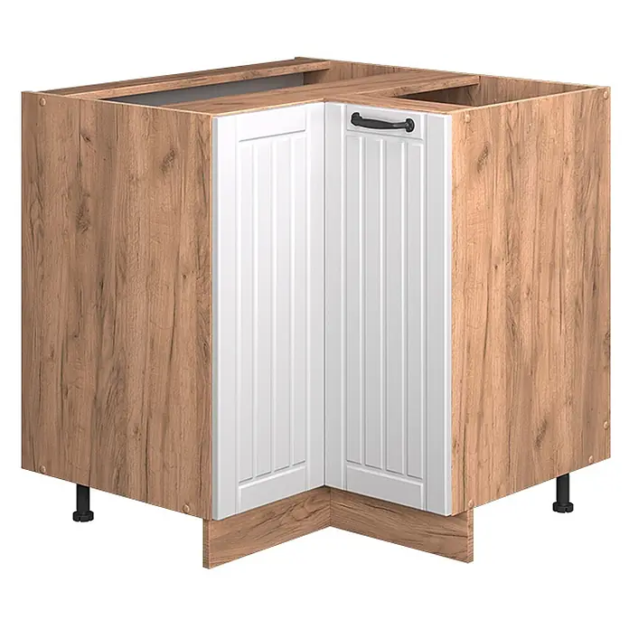 Vicco Eckunterschrank Fame-Line, Weiß Landhaus, 80.5 cm -  - Eckunterschrank für die Küche mit hellem Holzrahmen und weißen Kassettentüren mit schwarzem Griff, auf verstellbaren Füßen.