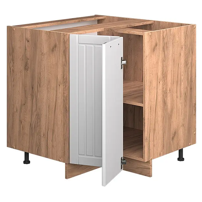 Vicco Eckunterschrank Fame-Line, Weiß Landhaus, 80.5 cm -  - Eckunterschrank mit heller Holzmaserung, weißer Lamellentür und verstellbaren Füßen, teilweise geöffnet mit Regalböden.