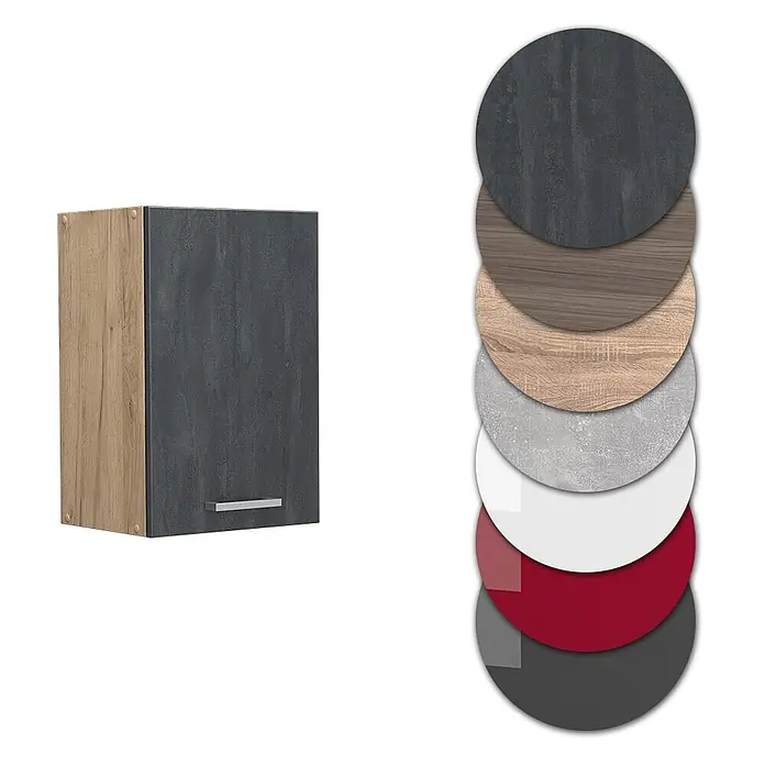 Vicco Hängeschrank R-Line, Schwarz Beton, 40 cm -  - Wandschrank mit heller Holzseite und dunkelgrauer Tür, verschiedene Material- und Farboptionen für die Tür sind verfügbar.