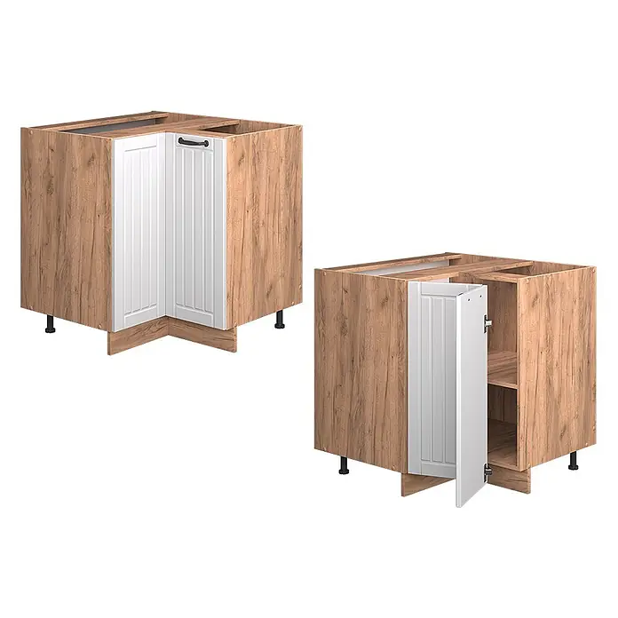 Vicco Eckunterschrank Fame-Line, Weiß Landhaus, 80.5 cm -  - Zwei Ansichten eines braunen Eckunterschranks in Holzoptik mit weißen Kassettentüren, einmal offen, einmal geschlossen.