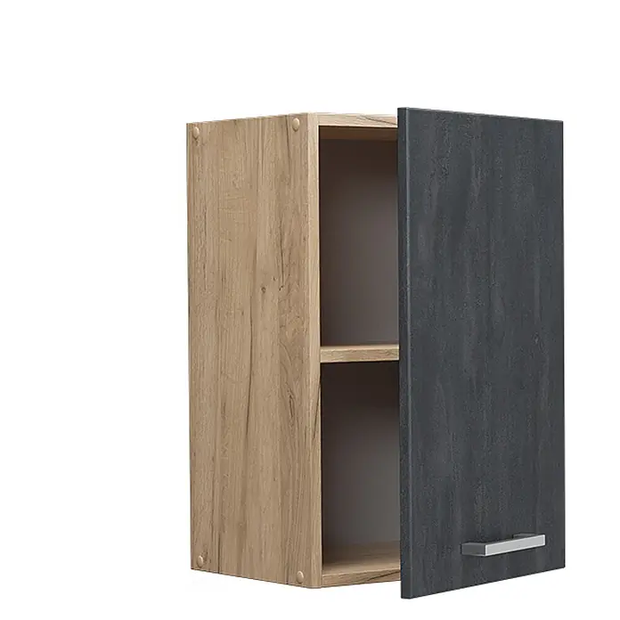 Vicco Hängeschrank R-Line, Schwarz Beton, 40 cm -  - Zweifarbiger Schrank mit heller Holzoptik und dunkelgrauer Tür, geöffnet, zwei Einlegeböden sichtbar.