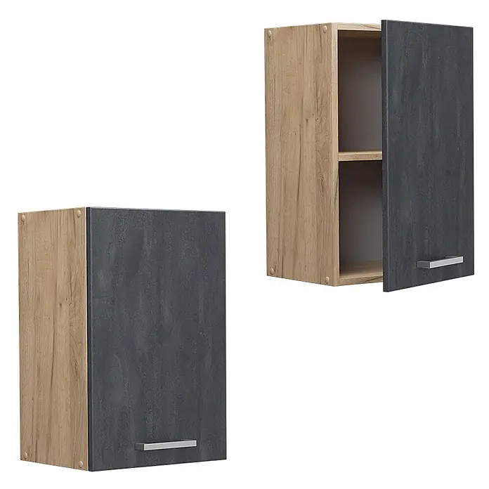 Vicco Hängeschrank R-Line, Schwarz Beton, 40 cm -  - Zwei Hängeschränke mit heller Holzmaserung und dunkelgrauen, strukturierten Türen. Einer ist geschlossen, der andere offen mit Einlegeböden.