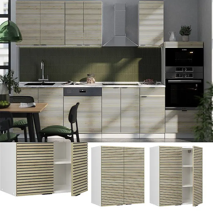 Vicco Schrankküche Fame-Line Eiche Paneel - Eiche Paneel, Hängeschrank 60 cm - Küchenschränke mit hellen Holzlamellentüren, gezeigt in einer modernen Küche.