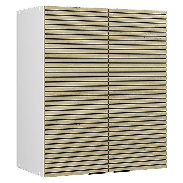 Vicco Schrankküche Fame-Line Eiche Paneel - Eiche Paneel, Hängeschrank 60 cm - Schrank mit weißer Seitenwand und zwei Fronttüren aus hellen Holzlamellen.