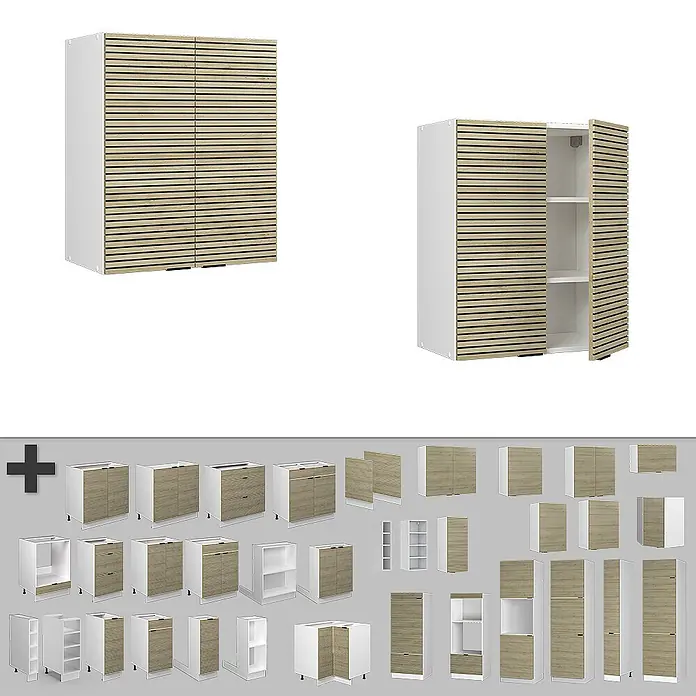 Vicco Schrankküche Fame-Line Eiche Paneel - Eiche Paneel, Hängeschrank 60 cm - Modulare Schränke mit hellen Holzlamellenfronten und weißen Rahmen, in verschiedenen Küchen- und Aufbewahrungskonfigurationen.
