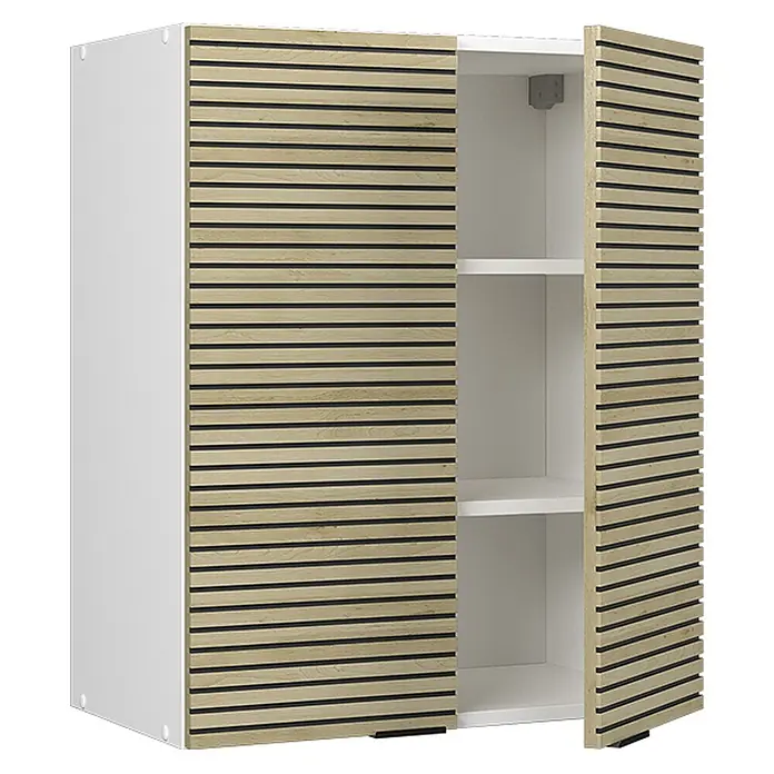 Vicco Schrankküche Fame-Line Eiche Paneel - Eiche Paneel, Hängeschrank 60 cm - Weißer Schrank mit zwei hellen Holzlamellentüren, eine leicht geöffnet, zeigt zwei interne Regale.